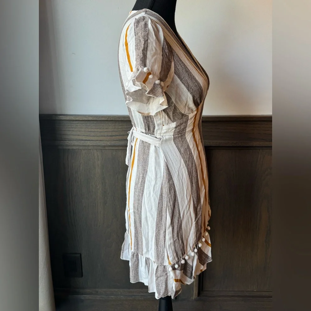 Simplee Apparel Striped Wrap Mini Dress - White, Brown & Mustard - Picture 5 of 8